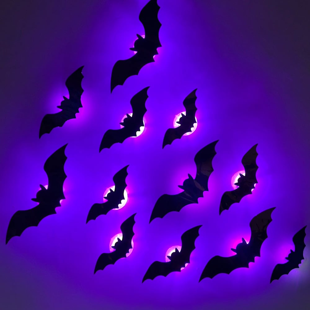 12pcs/set 3D Bat Design LED Decoration,  Bat Shaped Wall Sticker, Decorative Light for Home Party Festival, Halloween Decoration