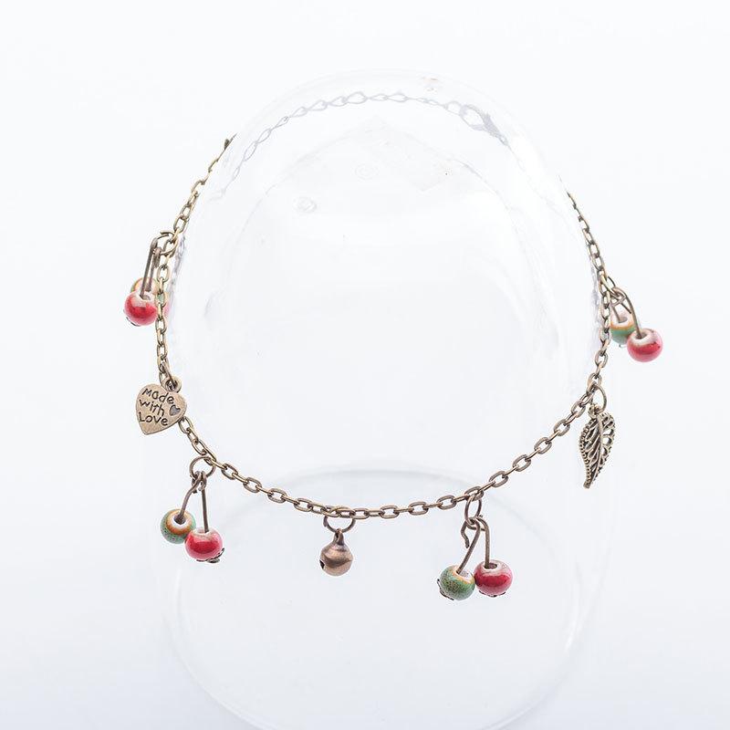 Vintage Böhmische Süße Kleine Frische Kupferblatt Glocke Fußkettchen Farbe Keramik Damen Accessoires