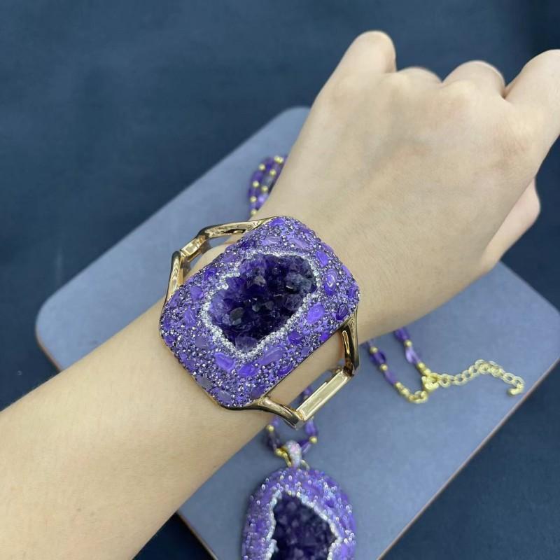Natural Uruguay Amethyst Rough Stone Set With Handmade Knit Chain Necklace Bracelet Women