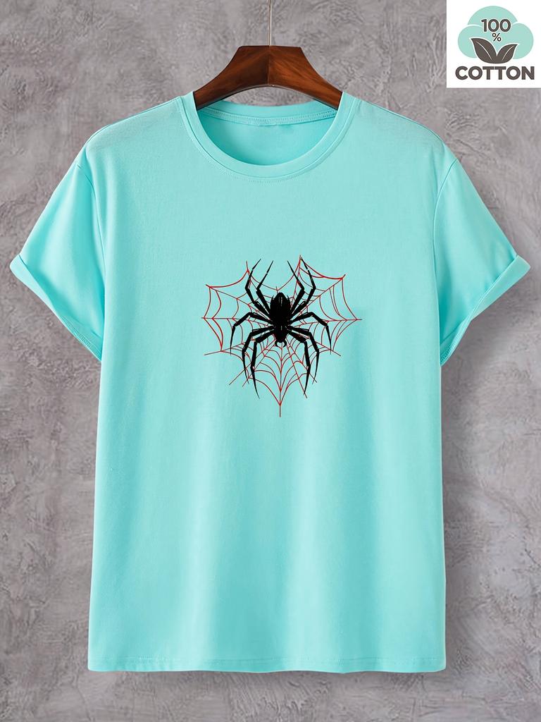 Mens Cotton TShirt Red Spider Web with Black Spider Print Casual Crew Neck Short Sleeve Summer TShirt