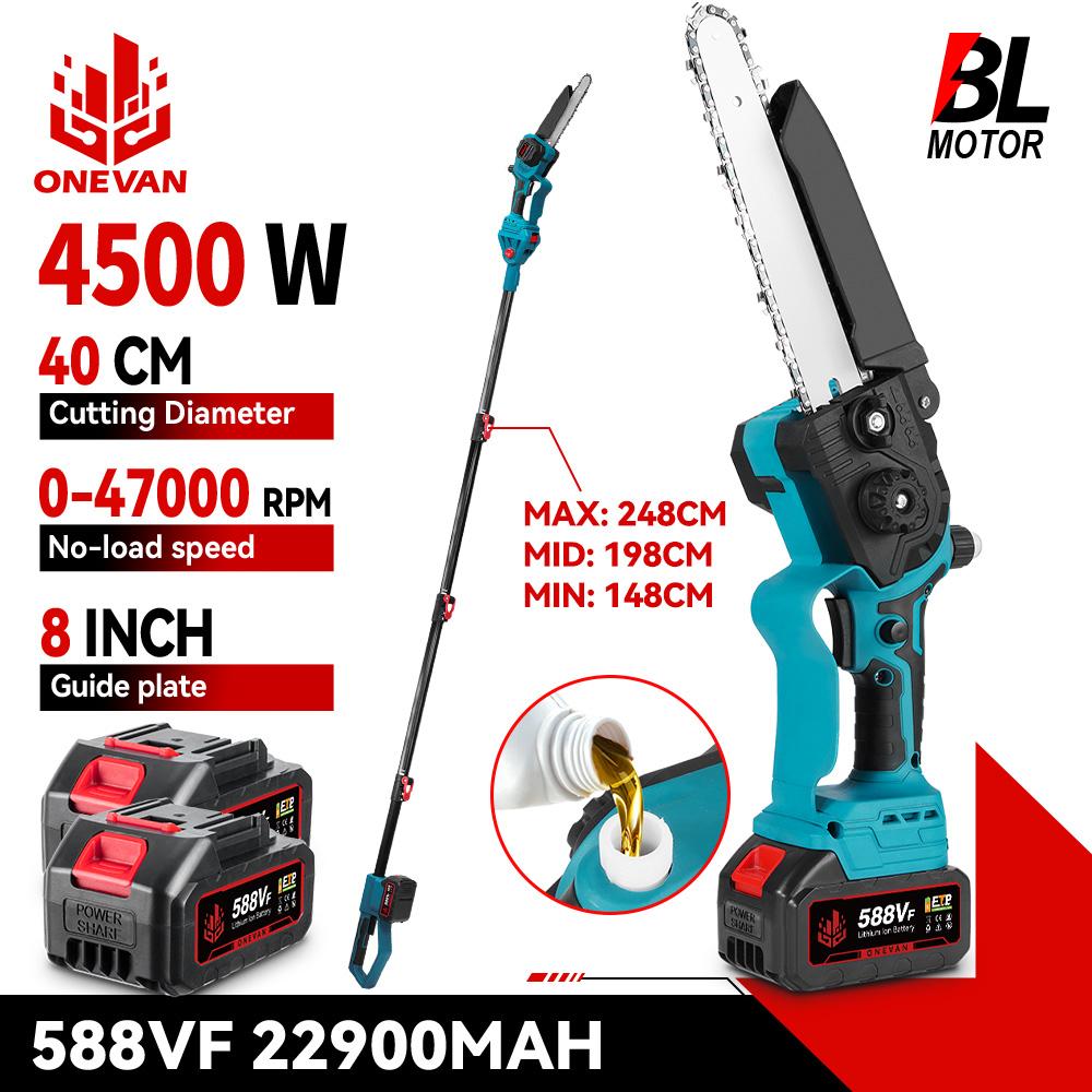 ONEVAN Brushless 4500W Telescoping Pole Electric Chainsaw 8inch 2in1 High Branch Saw Garden Power Tool For 21V 18V Battery