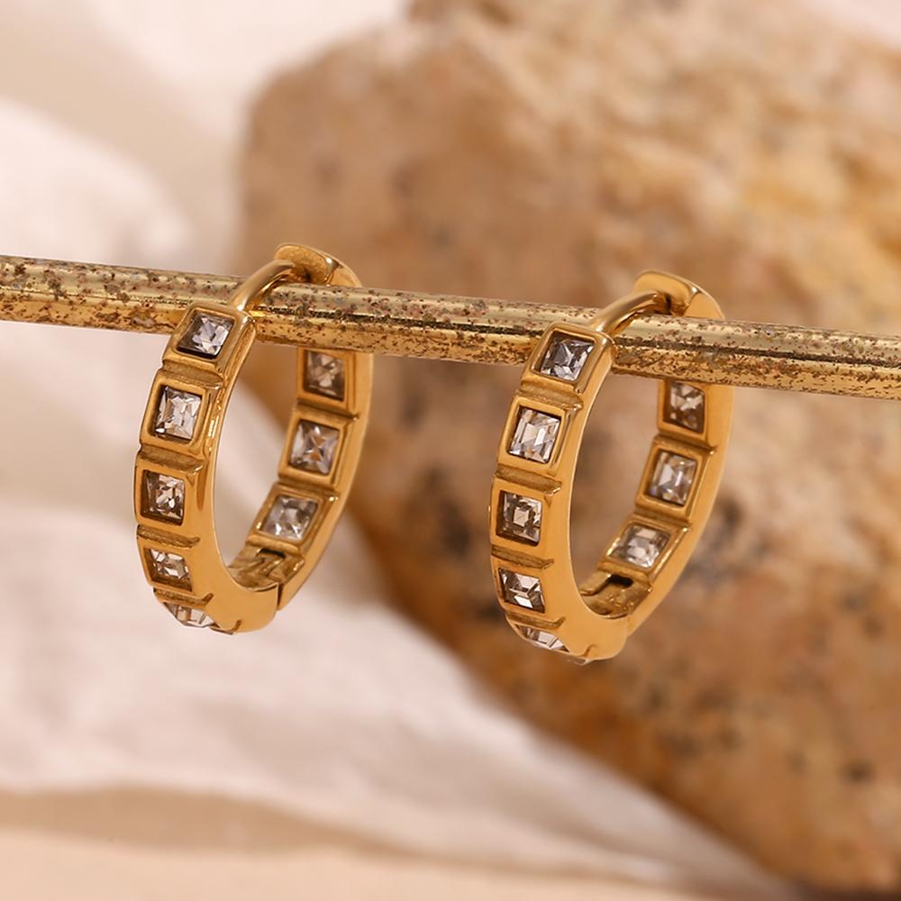 MamacitaSlay Classic Luxury Inlaid Square AAA Zircon Hoop Earrings Tarnish Free 18K Gold Plated Stainless Steel Earrings Woman