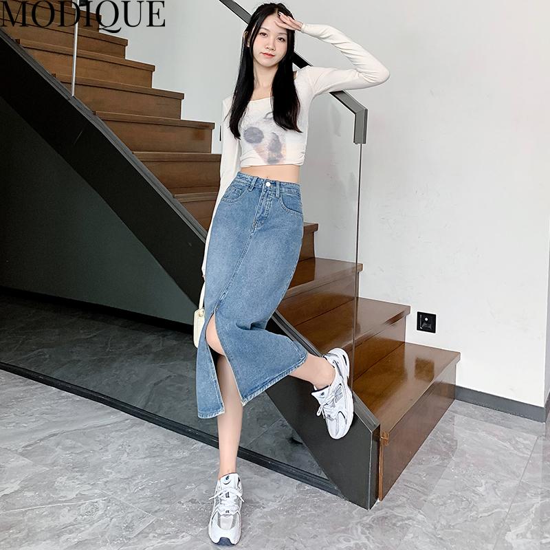 

MODIQUE, осенняя новая женская повседневная винтажная джинсовая длинная юбка трапециевидной формы с высокой талией, женская свободная однотонная милая рваная синяя юбка, зимняя M синий