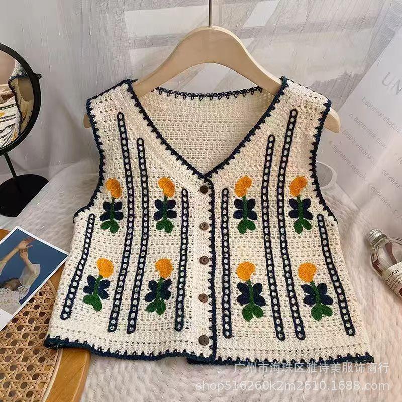 Korejská móda Háčkovaná vesta s dutým výstřihem do V Dámské Elegantní Volné Ležérní Pletený Cardigan Krátké topy Svetr Jednoduché oblečení bez rukávů 3410