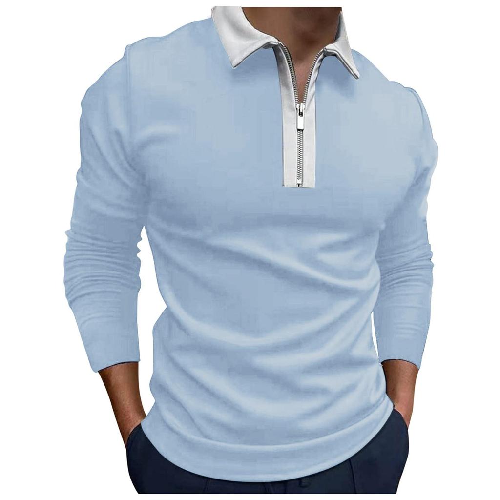 Men's Fashion Zipper Stitched T-Shirt Long Sleeve Lapel Pullover Top Blouse