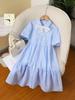 Girls Blue Striped Seersucker Dress, Short Sleeve Plaid Princess A-Line Sundress with Lace Bow for Kids 4-12 Years
