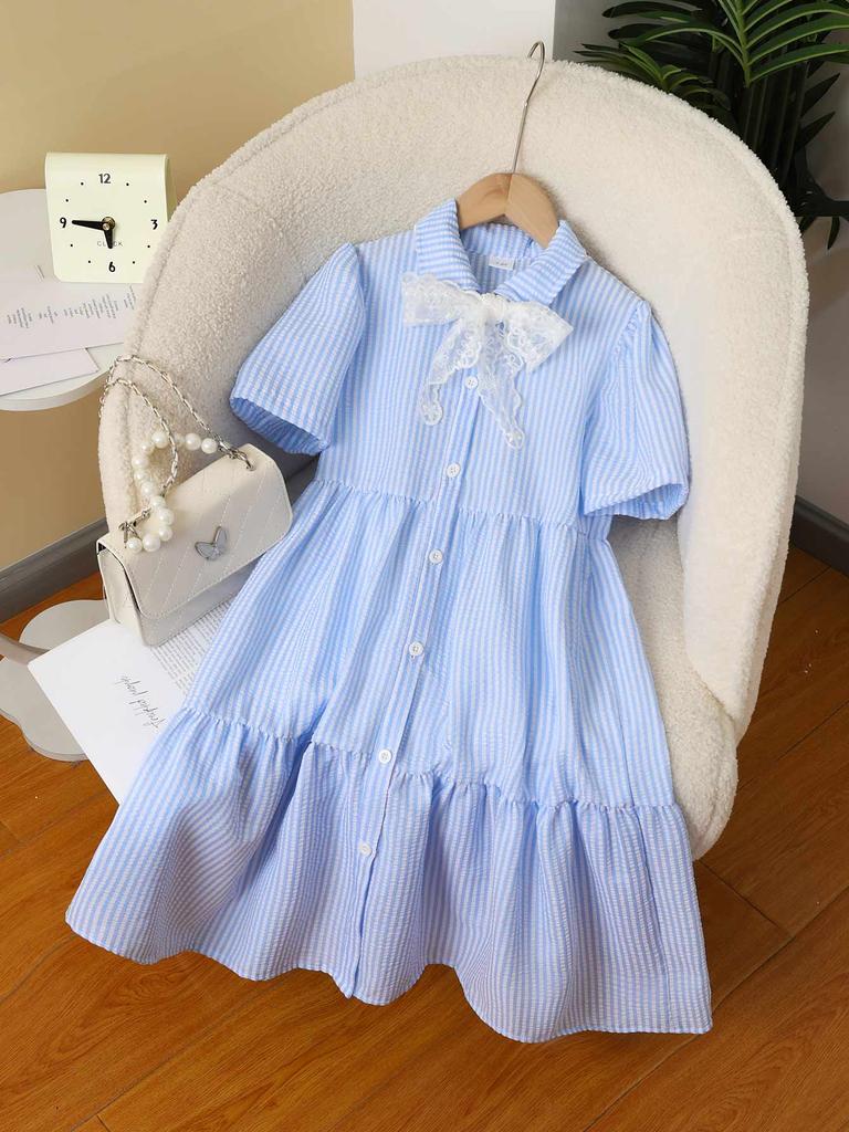 Girls Blue Striped Seersucker Dress, Short Sleeve Plaid Princess A-Line Sundress with Lace Bow for Kids 4-12 Years