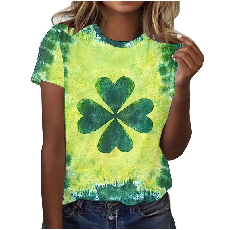 St. Patrick's Day Women T Shirt 3D Lucky Four-leaf Clover Graphic Print T-Shirts Unisex Crew Neck Short Sleeve Casual Kids Tops