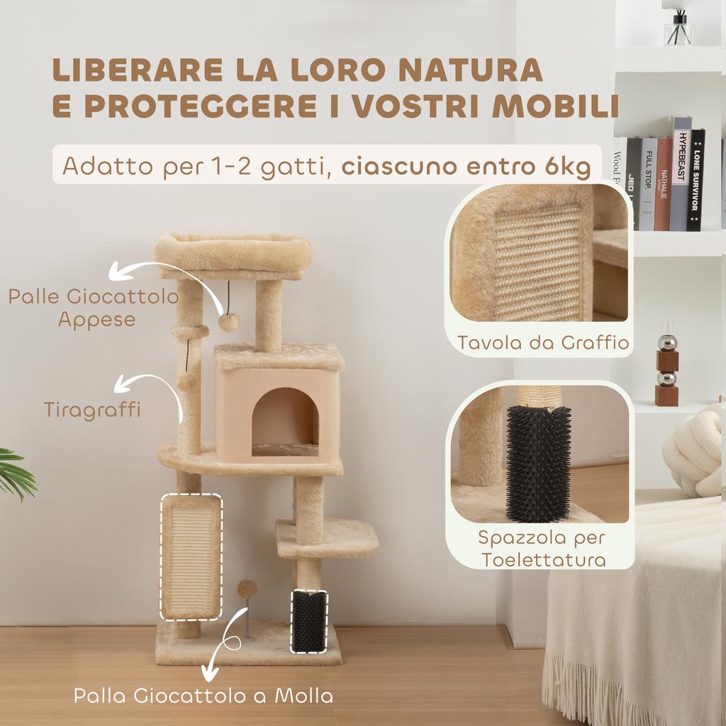 132cm Multi-Level Cat Tree with House, Bed, Scratching Posts, Brush and Ball, Beige