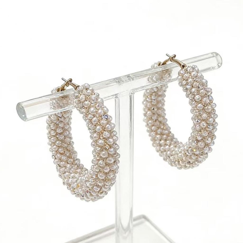 Light Luxury, Exaggerated Rice Beads, Exquisite Shiny Pearls, Exaggerated Large Hoop Earrings, Versatile Women's Earrings