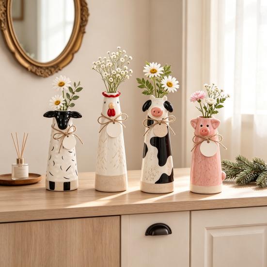 Healing Pastoral Style Gift Resin Cute Animal Vase, Farmhouse Decorative Flower Holder for Home Hand Carved Ornaments Office Decor, Pig/Cow/Sheep
