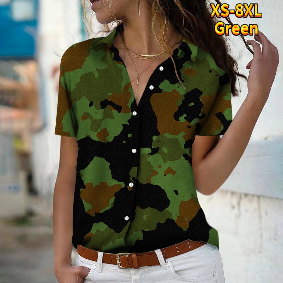 

2025 Summer New Fashion Women s Camouflage Printed Short Sleeve V-neck Casual Button-down Shirt Top XS зелений