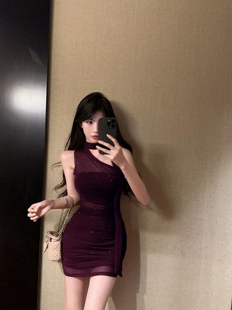 Sexy pure desire mesh splicing neck dress slim and thin nightclub style hip skirt 2026 summer