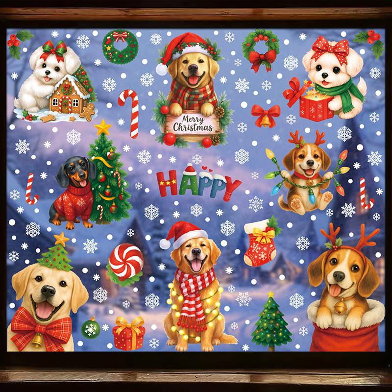 Christmas Decorations Gift Box Static Stickers Shopping Mall Window Decoration Christmas Wreath Puppy Glass Stickers