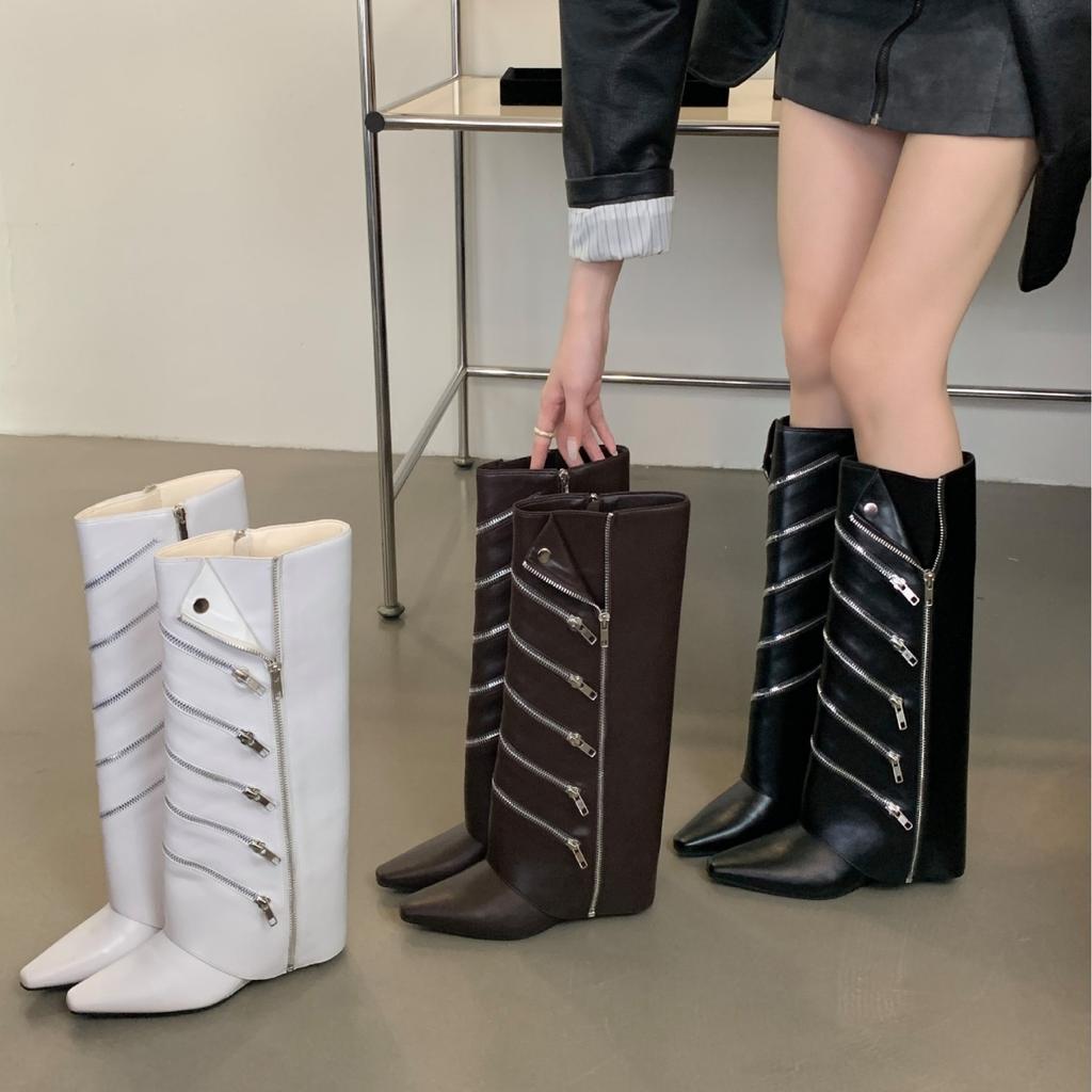 Pointed zipper decorative trouser boots 2025 summer new Spice Girl boots women's knee-high boots tide