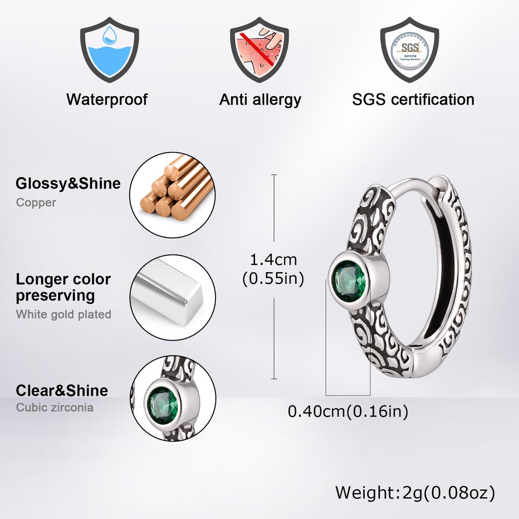 Vintage Karakusa Pattern Hoop Earrings for Men, Shiny Green Zircon Stone Metal Huggies Hoop Earring,Piercing Jewelry Gifts