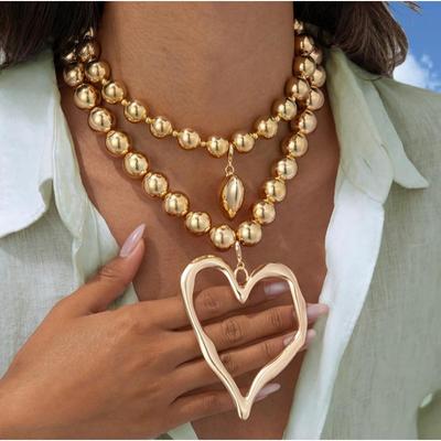 Exaggerated Irregular Love Pendant Necklace, Bohemian Simple Round Bead Necklace Sweater Chain