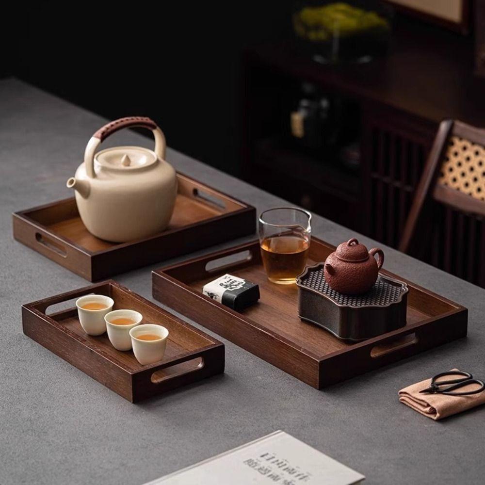 Walnut Color Bamboo Wooden Tray With Handle Serving Tray Decorate Tray Food Storage Trays  Bathroom