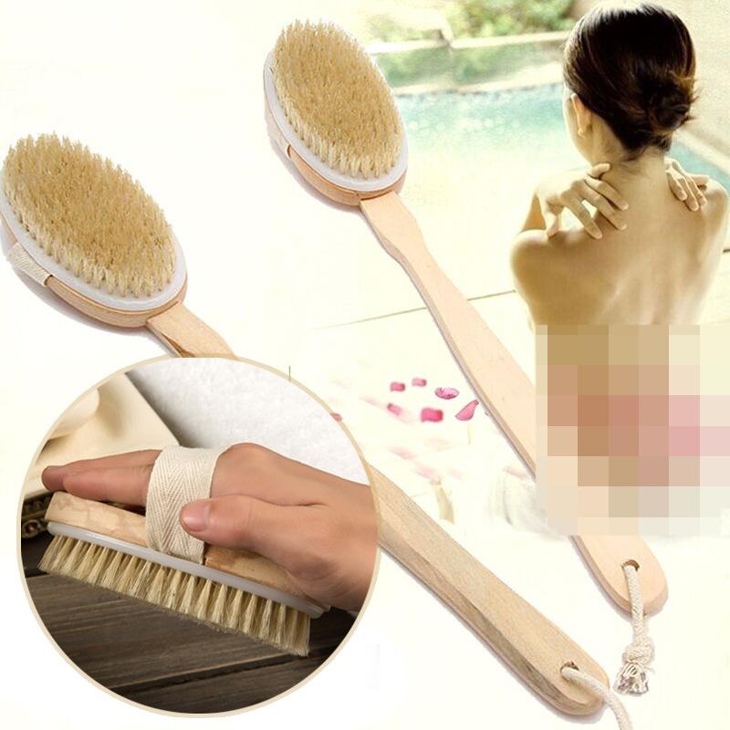 Bade- und Rückenbürste mit langem Griff, für nasse und trockene Haut, Körperpeeling, natürliche, weiche Holzbürste, Rückenmassage, Duschzubehör
