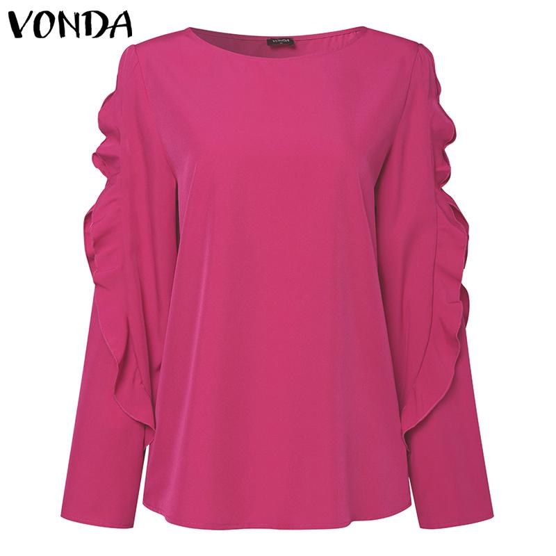 VONDA Womens Summer Fashion Round Neck Puff Long Sleeve Blouse