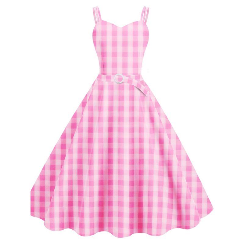 

Клетчатый Приталенный Барби Розовый Без рукавов Для выступлений Отпуск Тонкие бретели Round buckle belt M