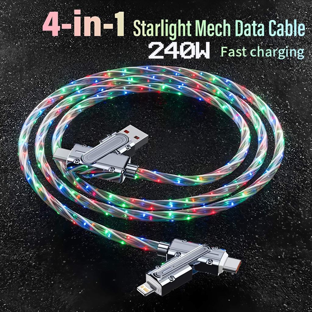 4 in 1 USB Type C Charger Cord,1M Fast Charging RGB Cable 240W Starlight Mech Data Cable,For iPhone16-8 Samsung Xiaomi Huawei