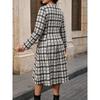 Plus Size Womens Black White Plaid Midi Dress With Side Bow Round Neck Long Sleeve Straight Fit