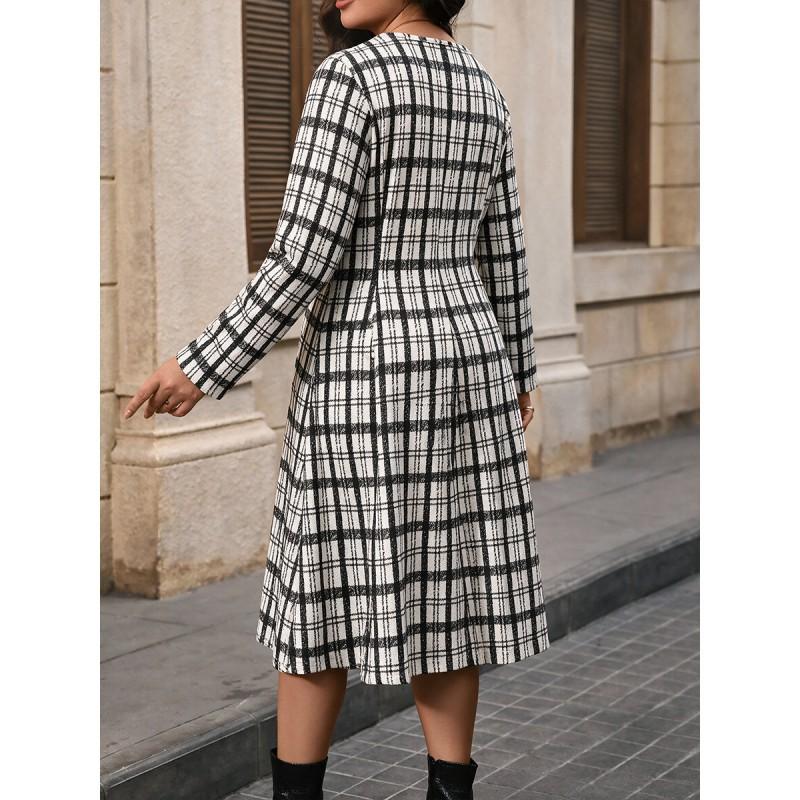 Plus Size Womens Black White Plaid Midi Dress With Side Bow Round Neck Long Sleeve Straight Fit