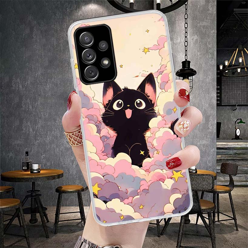 Anime Cute Black Cat Meow Phone Case For Samsung Galaxy A13 A14 A15 A16 A17 A53 A54 A55 A56 A57 A33 A34 A35 A36 A37 A23 A24 A25
