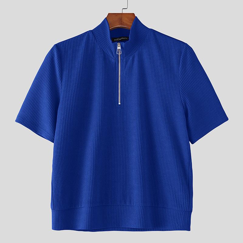 

INCERUN Summer Men Zip-up Neck Short Sleeve Rib Casual Cropped T-shirts Tops 2XL синій