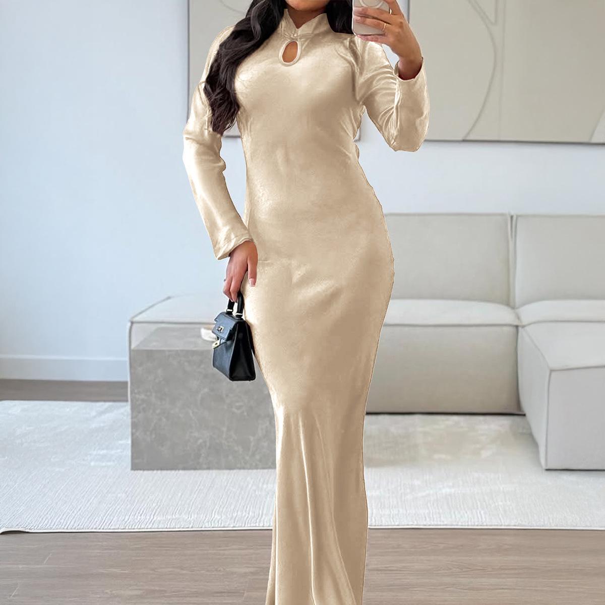 Cross-border European and American temperament elegant French temperament semi-turtleneck dress women s clothing spring and summer independent station S абрикосовый