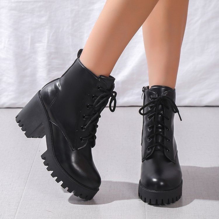 Plateau-rutschfeste kurze Damenstiefel Schnür-Martin-Stiefel Britische Mode Dickabsatz High Heel Kurze Stiefel