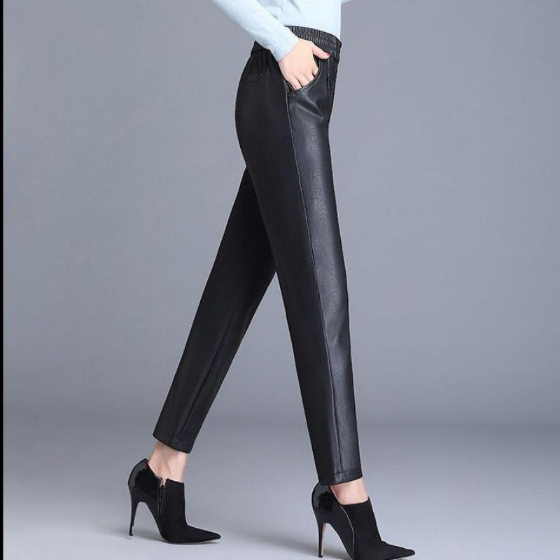 2023 Autumn/Winter Women's High-Waisted Plus Velvet Leather Harem Pants - Loose Wide-Leg, Cropped, Thickened