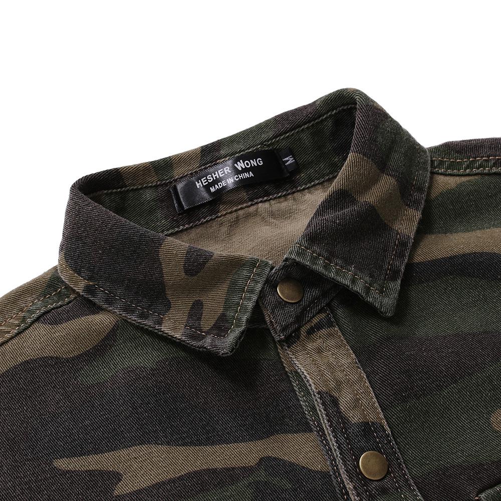 Long Sleeve Army Green Camouflage Denim Shirt Outdoor Climbing Denim Top Men's Vintage Style Trendy Casual Wear Minimalist Fashion Breathable Shirt