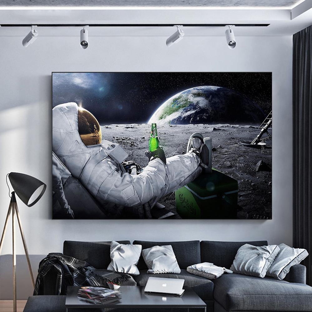 Astronaut Drinks Beer on The Moon While Watching The Earth Being Destroyed Canvas Painting Posters Prints Living Room Wall Art Pictures