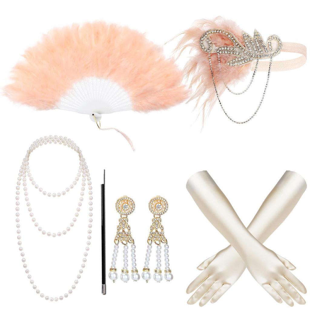 Gatsby Feder Stirnband & Perlenkette Set mit Zigarettenhalter, Handschuhen und Fächer - Retro 1920er Hepburn Kostüm
