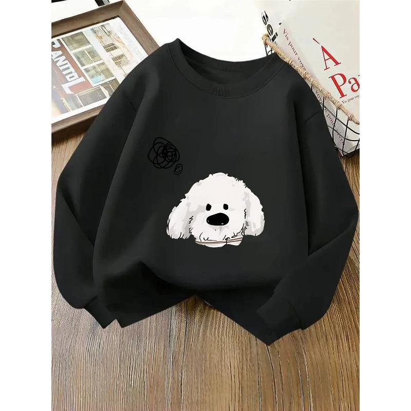 European sizes Kids' Crewneck Sweatshirt - Fluffy White Dog with Black Eyes , Sportswear And Casual Wear, Soft And Comfortable, Children's Clothing