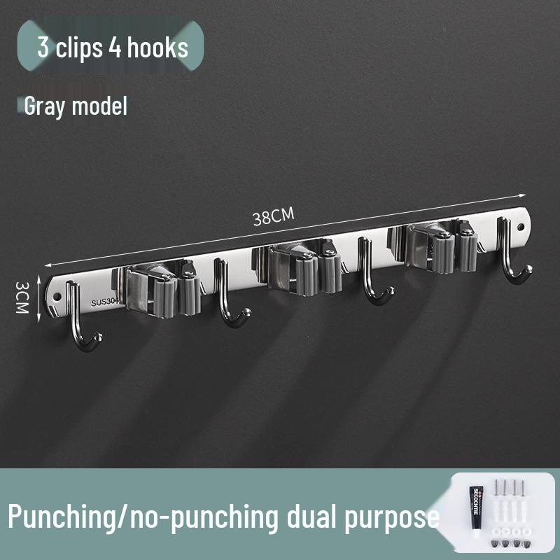 Stainless Steel Punch-Free Mop Holder with Black & Green Clips for Bathroom or Balcony Storage