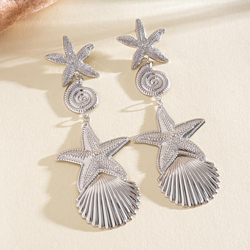 Exaggerated Metal Star Shell Long Drop Earrings for Women Personality Gold Silver Color Conch Earrings Vacation Style Jewelry