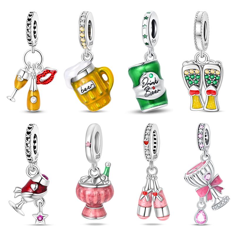 New 925 Silver Fashion Beer Champagne Red Wine Glass Drink Charms Beads Fit Original Bracelet DIY Jewelry Gift