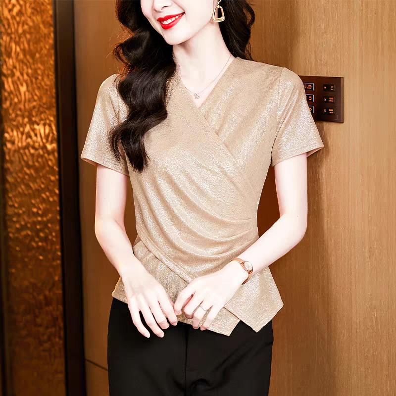 Summer Women's European Clothes T-Shirt Temperament Cross V-Neck Tops Streetwear Female Short Sleeve Slim Trendy Tees