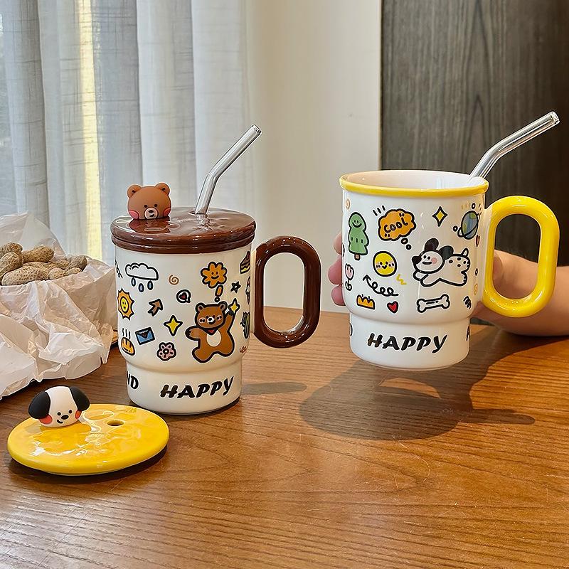 Women's New Style of Straw Water Cup High Value Ceramic Mug with Lid Coffee Cup Household Drinking Cup Gift