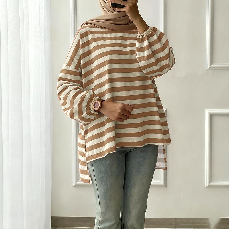 ZANZEA Women Stripe Print Loose Casual Round Neck Long Sleeve T-Shirts