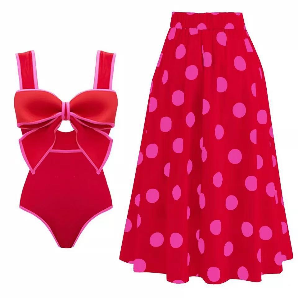Südostasiatischer Retro-Jumpsuit mit Schleife: Bauchbedeckender, Schlankmachender Badeanzug mit Rock-Stil für den Strand.