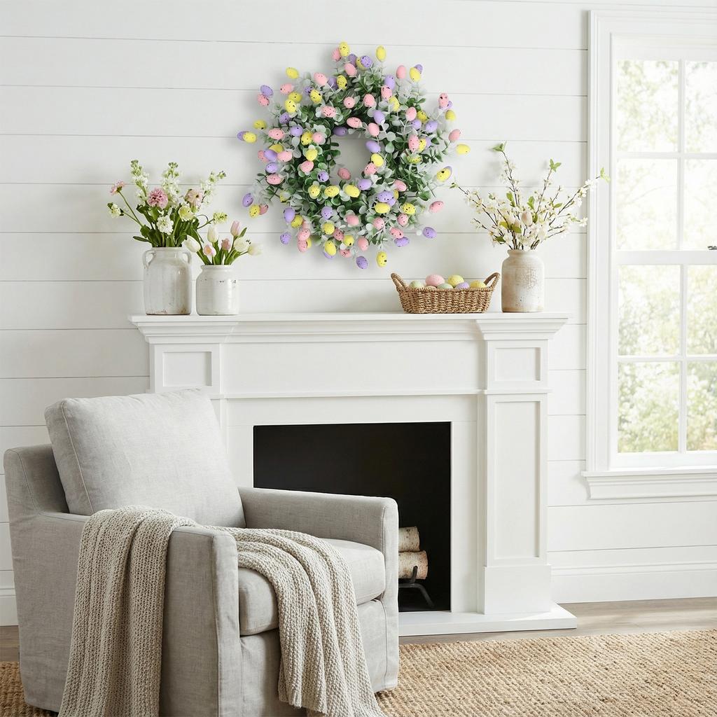 Artificial Flower Wreath with Easter Eggs Spring Wreath Hanging Decoration for Door Wall Window Festival Celebration