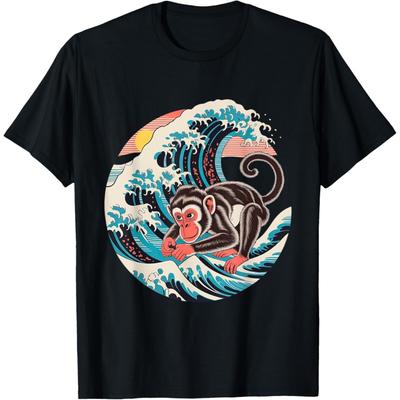 Monkey Japanese Ukiyo-e Wave Traditional Woodblock Art T-Shirt