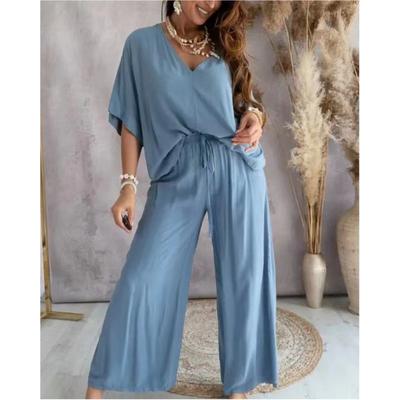 Women's Summer Solid Color Causal Suit V-neck Bat Sleeve Top + Pant Loose Two-piece Set