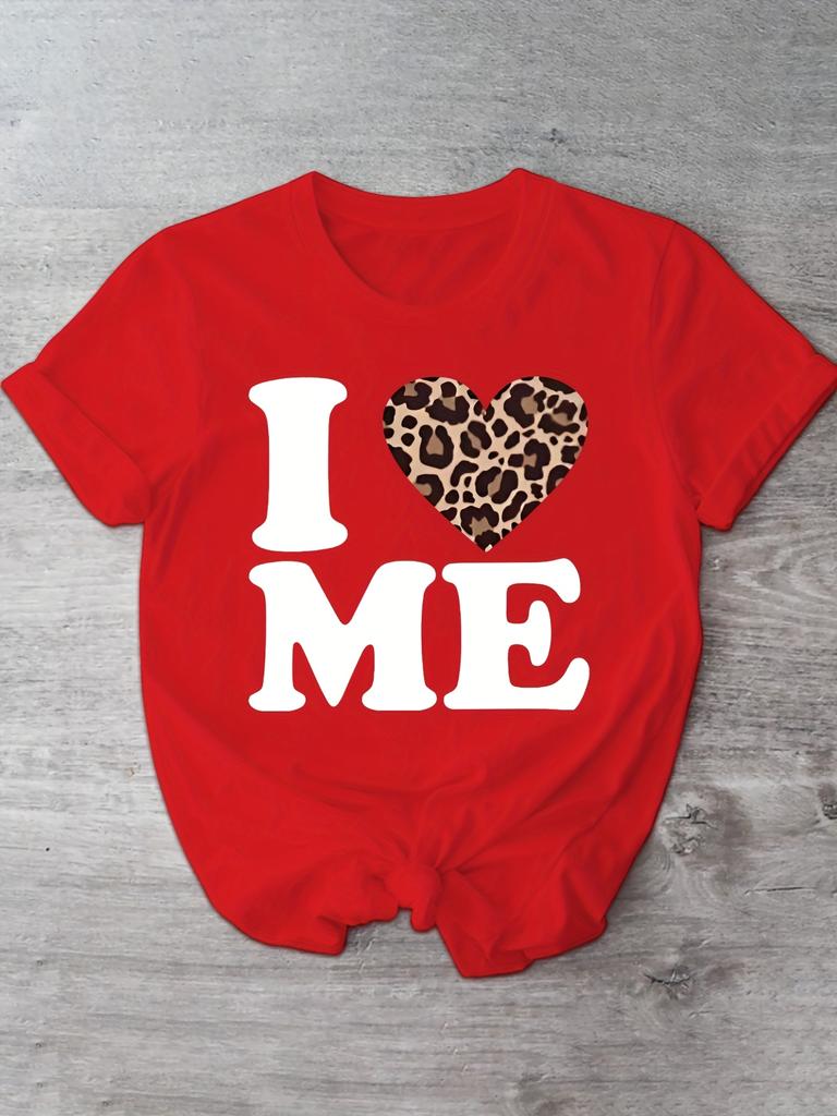 Women'S I Me Leopard Heart Print T-Shirt  Casual  Comfortable Crew Neck Short Sleeve Tee Perfect for Casual Attire Trendy Casual