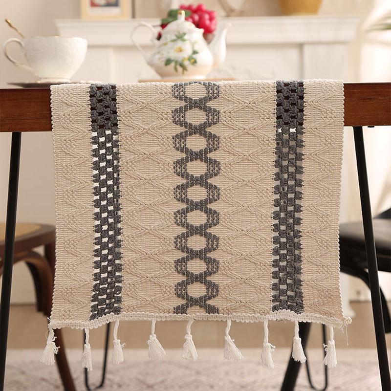Caminho de mesa com borlas em algodão e linho estilo étnico - Decoração leve e luxuosa para festivais