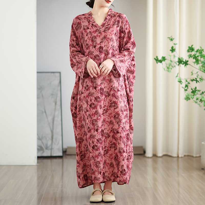 Vacation Style V-neck Long Skirt Cotton Linen Dress